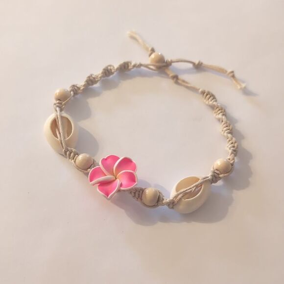 853 Pink Hibiscus Cream Beaded Seashell Bracelet / Anklet - Picture 3 of 4